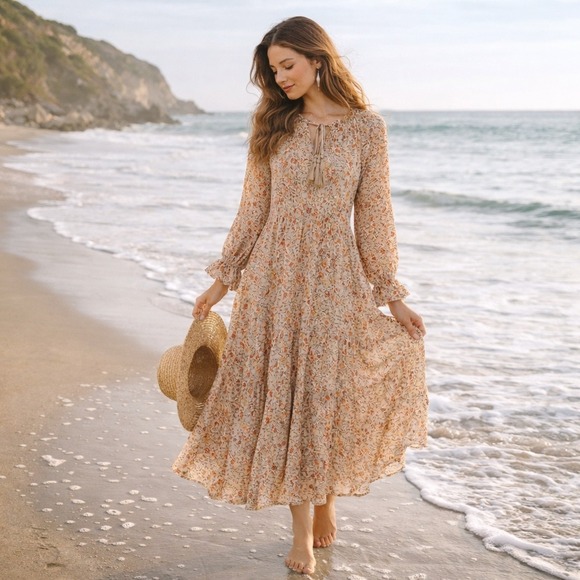 Gigio Dresses & Skirts - Floral Cottage Tiered Midi Dress Womens Size S Orange Boho‎ Festival Indie GiGio